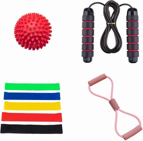 Exercise Strength Training Kits-Adjustable Jump Rope and 8 Word Shape Chest Expander Resistance Exercise Band and Massage Ball and 5 Color Loop Band. for Home Gym to Men, Women, Kids