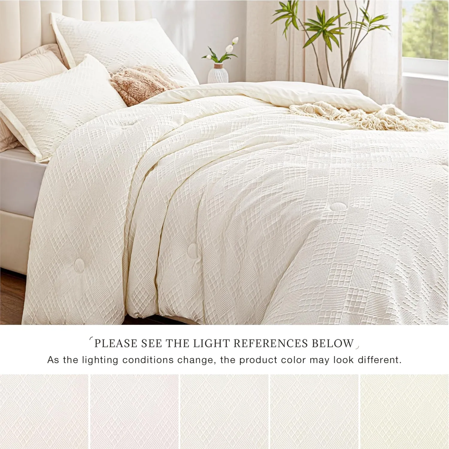 EXQ Home Waffle Comforter Queen Size - Super Soft Embossed Design Comforter Set 3 Pieces, Cream White 3D Diamond Pattern Bedding Set,Winter Warm Bed Set,1 Comforter with 2 Pillowcases