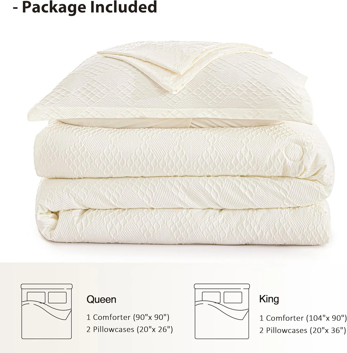EXQ Home Waffle Comforter Queen Size - Super Soft Embossed Design Comforter Set 3 Pieces, Cream White 3D Diamond Pattern Bedding Set,Winter Warm Bed Set,1 Comforter with 2 Pillowcases