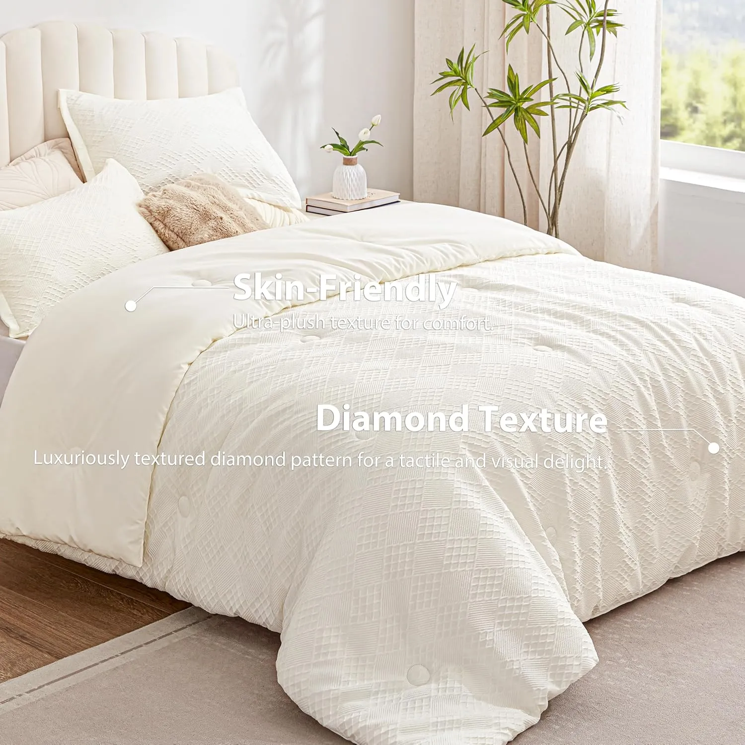 EXQ Home Waffle Comforter Queen Size - Super Soft Embossed Design Comforter Set 3 Pieces, Cream White 3D Diamond Pattern Bedding Set,Winter Warm Bed Set,1 Comforter with 2 Pillowcases