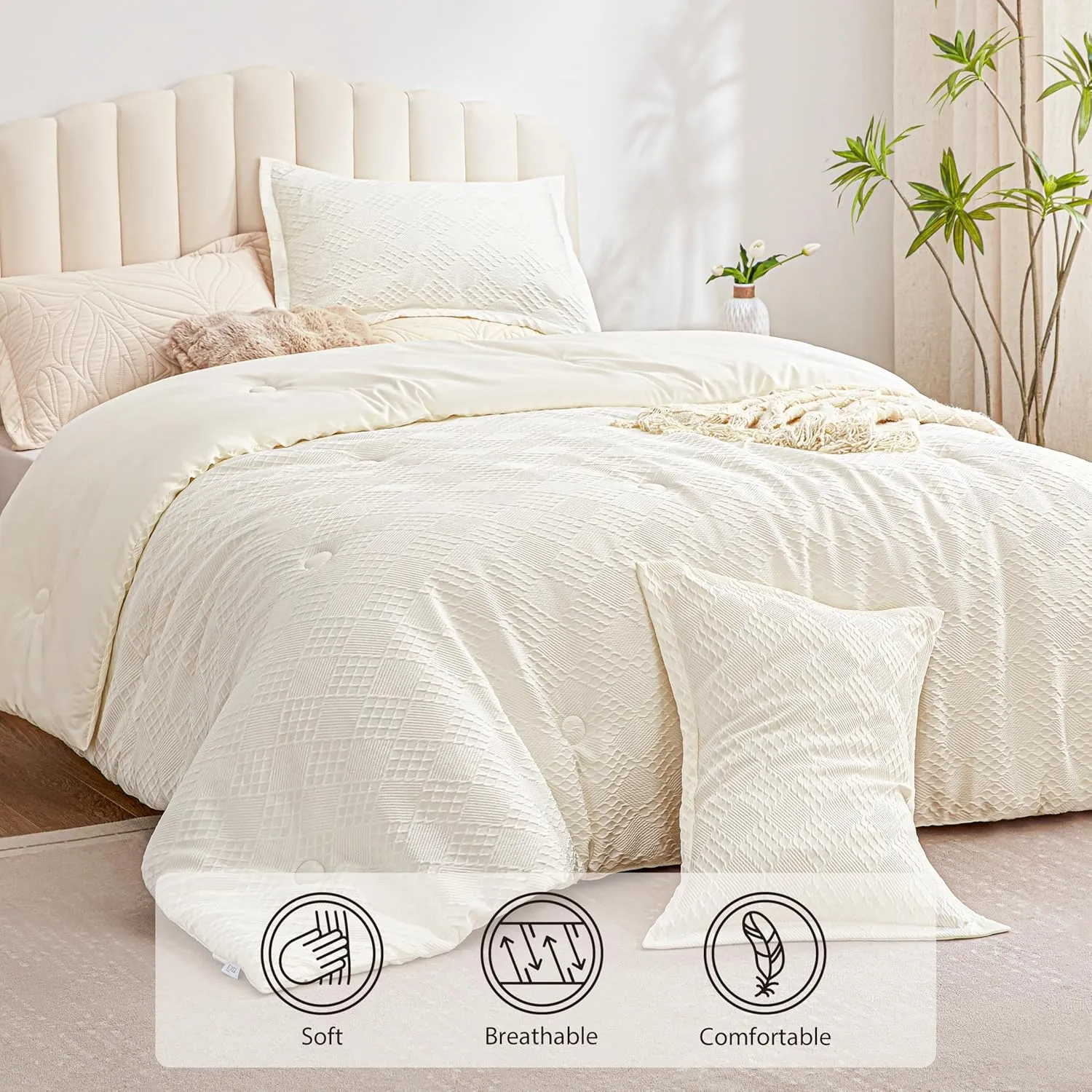 EXQ Home Waffle Comforter Queen Size - Super Soft Embossed Design Comforter Set 3 Pieces, Cream White 3D Diamond Pattern Bedding Set,Winter Warm Bed Set,1 Comforter with 2 Pillowcases