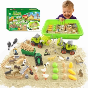 Farm Sensory Bin - 58 PCS Sandbox Toys( 2.2lbs Play Sand,Farm Animal Toys,Farm Tractor,Sandbox with Lid) for Kids, Birthday Gift for Toddlers 3 4 5 6 7 8