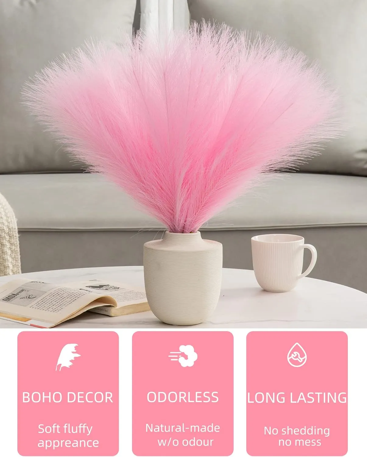 Faux Pampas Grass Decor Tall Fluffy, 8pcs 18" Fake Plants Artificial Flowers Boho Room Décor, Vase Fillers Floral Bouquet for Bridal Shower Wedding Home Christmas Tree Decorations (Pink)