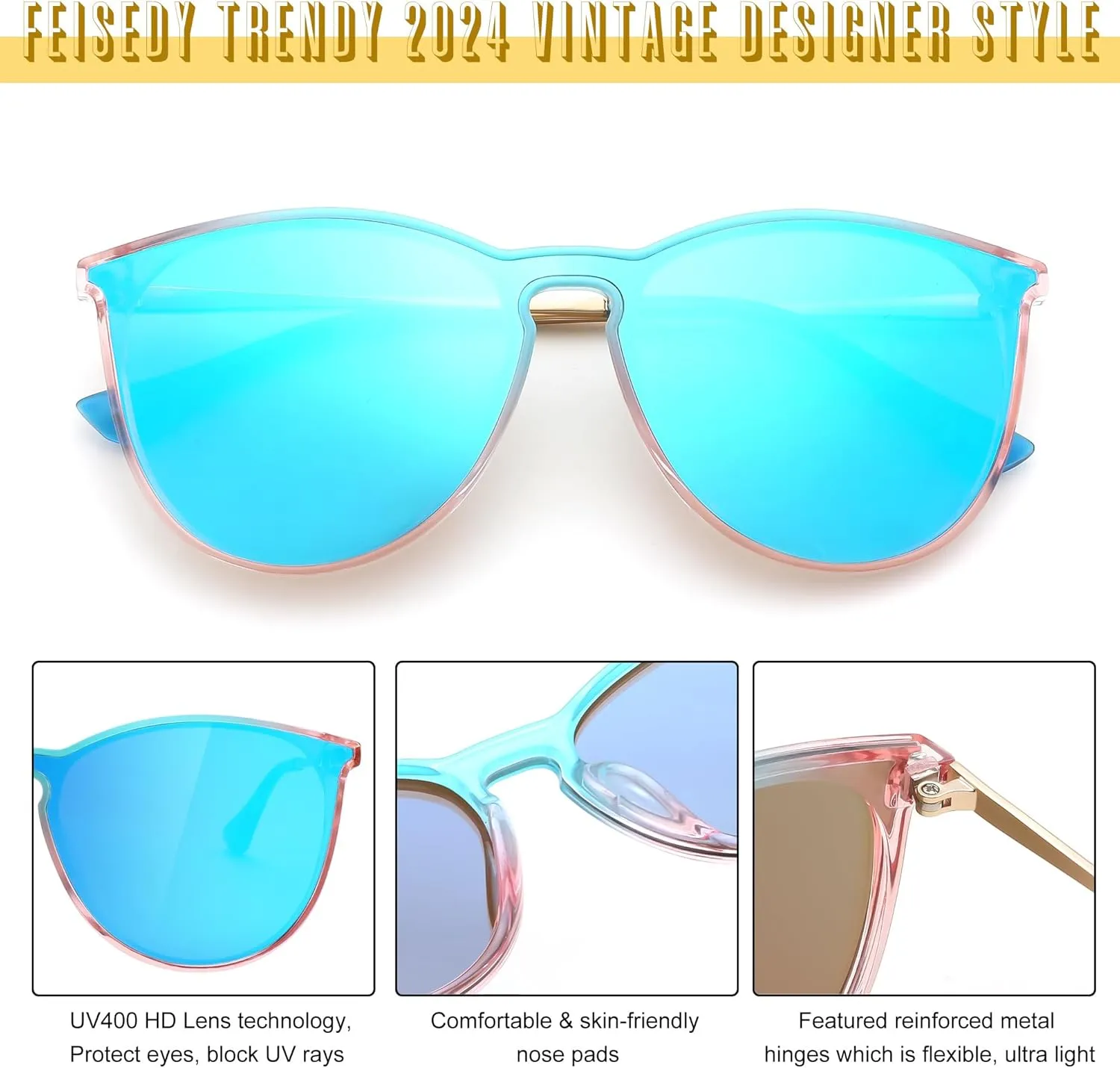 FEISEDY Sunglasses for Women Men Retro Round Cateye Designer Cute Mirrored UV Protection Lens B0210