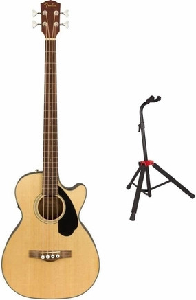Fender CB-60SCE Acoustic Bass Natural, Laurel Fingerboard Bundle with Fender Guitar Stand, Height-Adjustable with Sturdy Metal