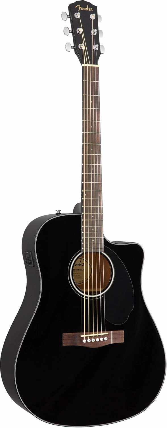 Fender CD-60SCE Solid Top Dreadnought Acoustic-Electric Guitar - Black Bundle with Hard Case, Instrument Cable, Tuner, Strap, Strings, Picks and Austin Bazaar Instructional DVD