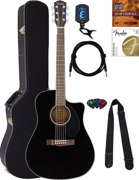 Fender CD-60SCE Solid Top Dreadnought Acoustic-Electric Guitar - Black Bundle with Hard Case, Instrument Cable, Tuner, Strap, Strings, Picks and Austin Bazaar Instructional DVD