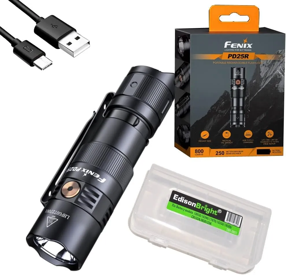 Fenix PD25R 800 Lumen LED Flashlight, Battery and EdisonBright Acc Carrying case Bundle