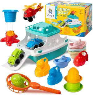 Ferry Boat Kids Bath Toy Set – 17 Pcs Toddler Pool Toys with Stacking Cups, Toy Ferry Boat, Train, 2 Cars & A Helicopter Addition for Fun Water Play, Toddler Bath Toys for 1 Year Old & Up