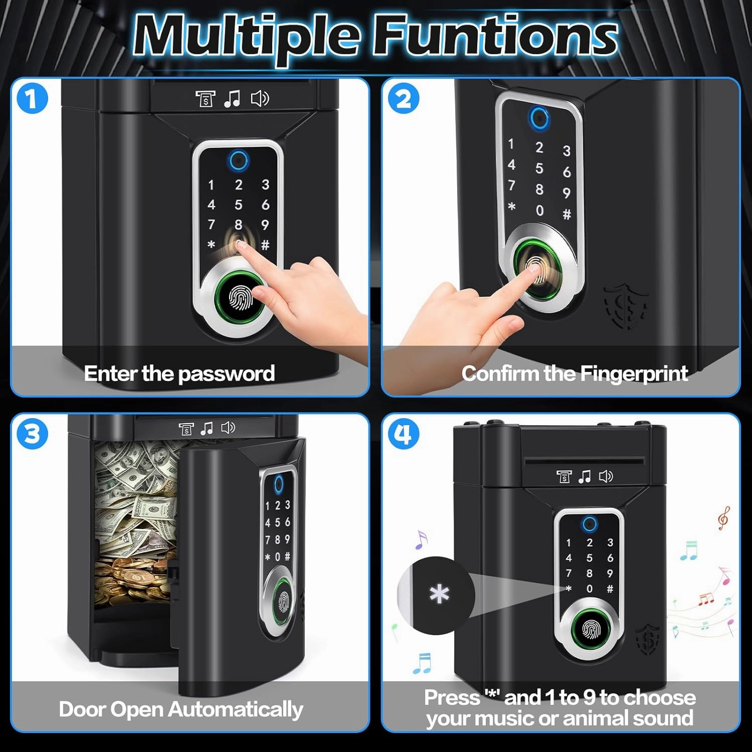 Fingerprint Piggy Bank for Kids, Touchscreen Money Bank Toys for 4 5 6 7 8 9 10 11 12 13 Year Old Boys Gift Ideas, Electronic Money Saving Box for Girls, Birthday Gifts for Boys ATM Machine for Kids