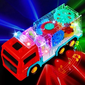 Fire Trucks for Toddlers 3-5, Light Up Sensory Car Toy for Kids, LED Transparent Bump Car with Rotating Gear, Cool Lights and Musical, Educational Crawling Toy for Baby, Birthday Gift for Boys Girls