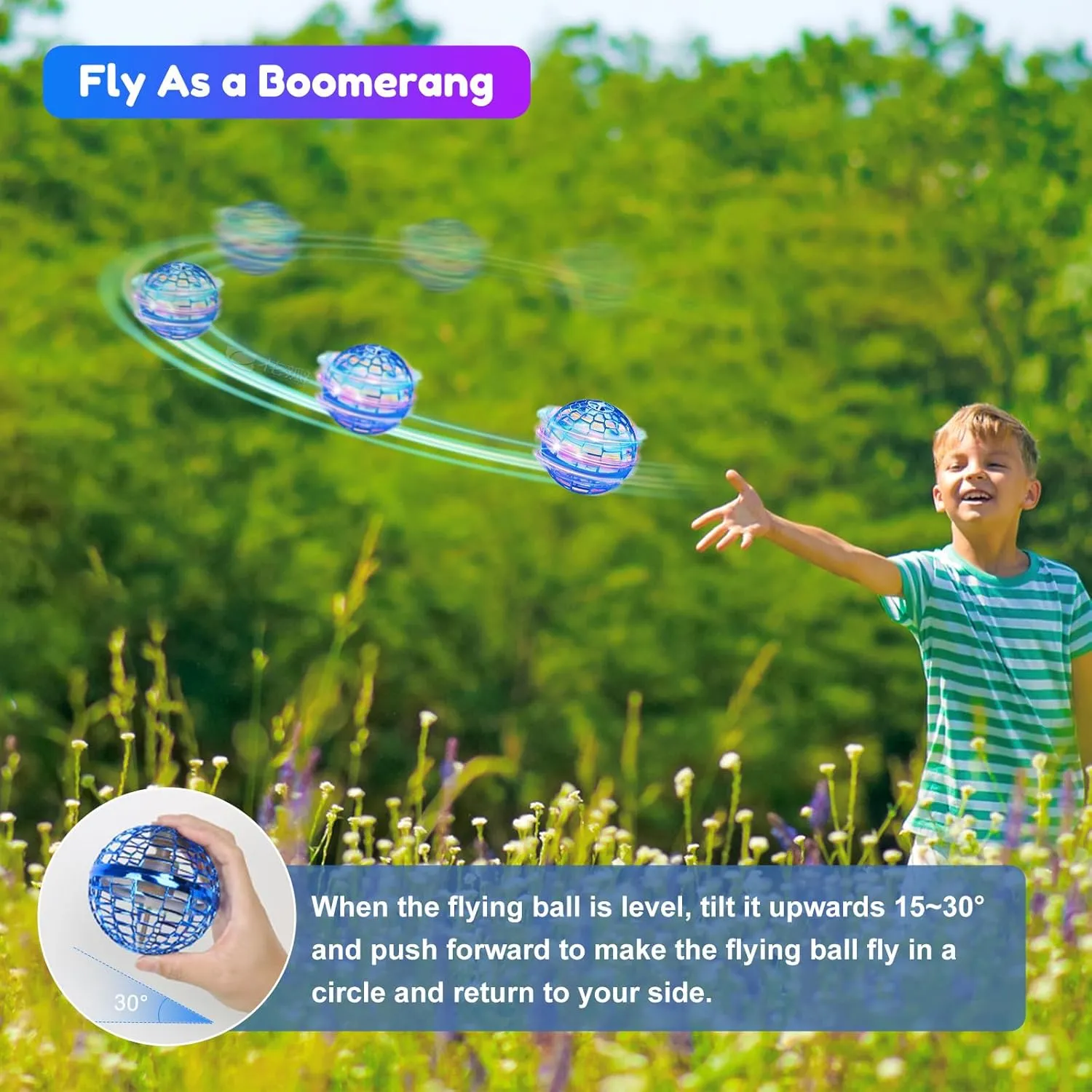 Fly Orb Hover Ball Floating Boomerang Spinner Drone Balls - Cool Toys Gifts for 6-15 Year Old Boys & Girls (Blue)