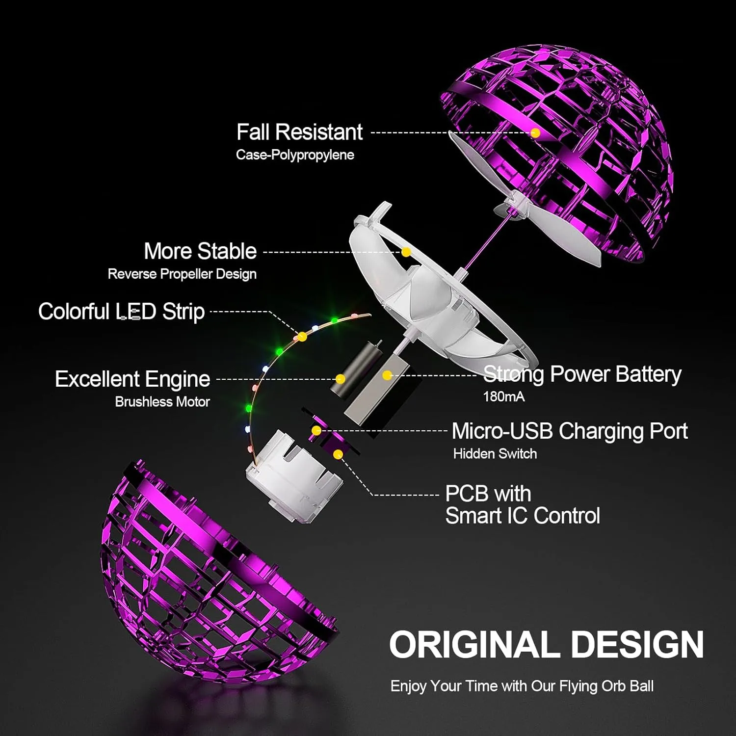 Flying Magic Ball 2024 Upgraded Hand Controlled RGB Led Lights Boomerang Spinner 360°Rotating Soaring UFO Mini Orb Drone Toy Safe for Kids Adults(Purple)