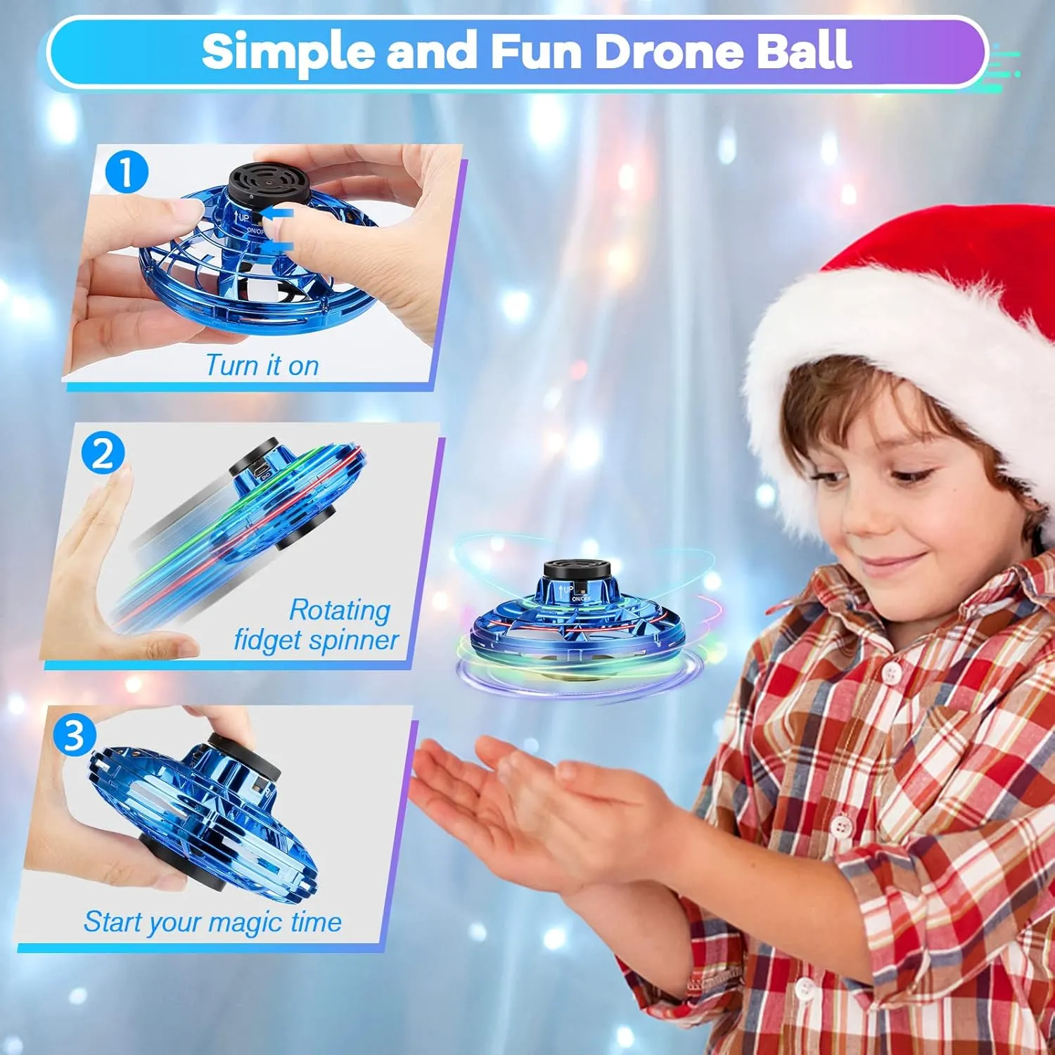 Flying Spinner Mini Drone,Hand Controlled Drone Flying Toy New Fly UFO Magic Flying Fidget Spinner with Lights,Christmas Birthday Party Gifts for Girls Boys(Blue)