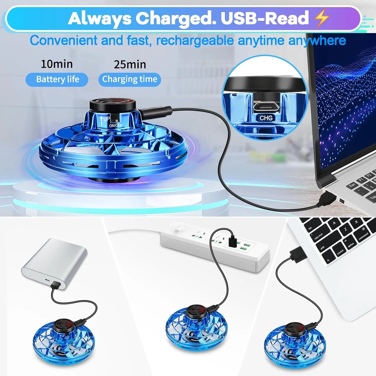 Flying Spinner Mini Drone,Hand Controlled Drone Flying Toy New Fly UFO Magic Flying Fidget Spinner with Lights,Christmas Birthday Party Gifts for Girls Boys(Blue)
