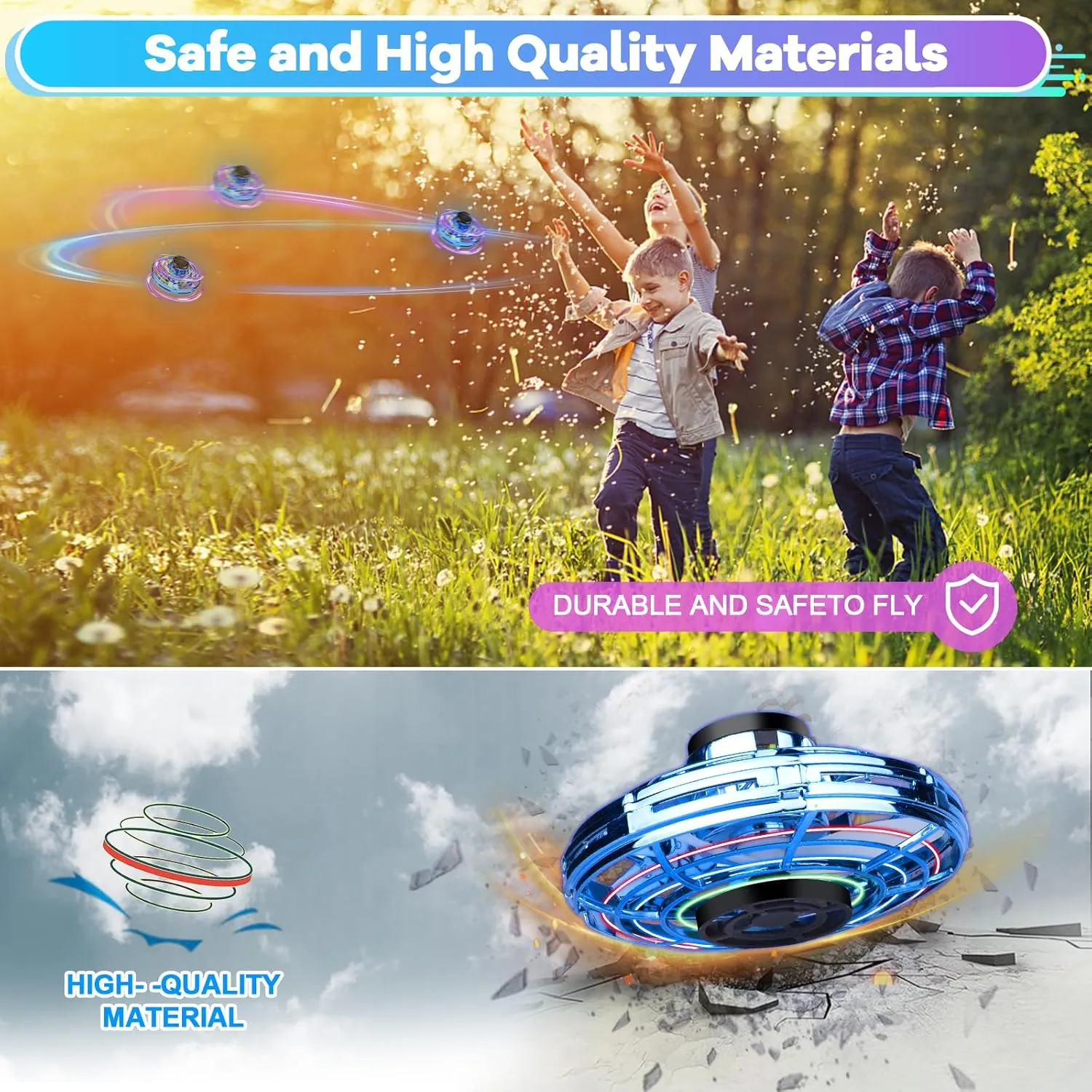 Flying Spinner Mini Drone,Hand Controlled Drone Flying Toy New Fly UFO Magic Flying Fidget Spinner with Lights,Christmas Birthday Party Gifts for Girls Boys(Blue)
