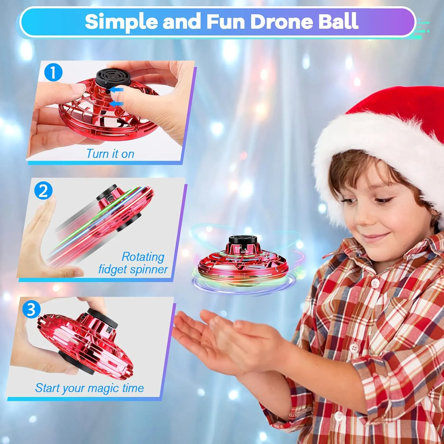 Flying Spinner Mini Drone,Hand Controlled Drone Flying Toy New Fly UFO Magic Flying Fidget Spinner with Lights,Christmas Birthday Party Gifts for Girls Boys(Red)