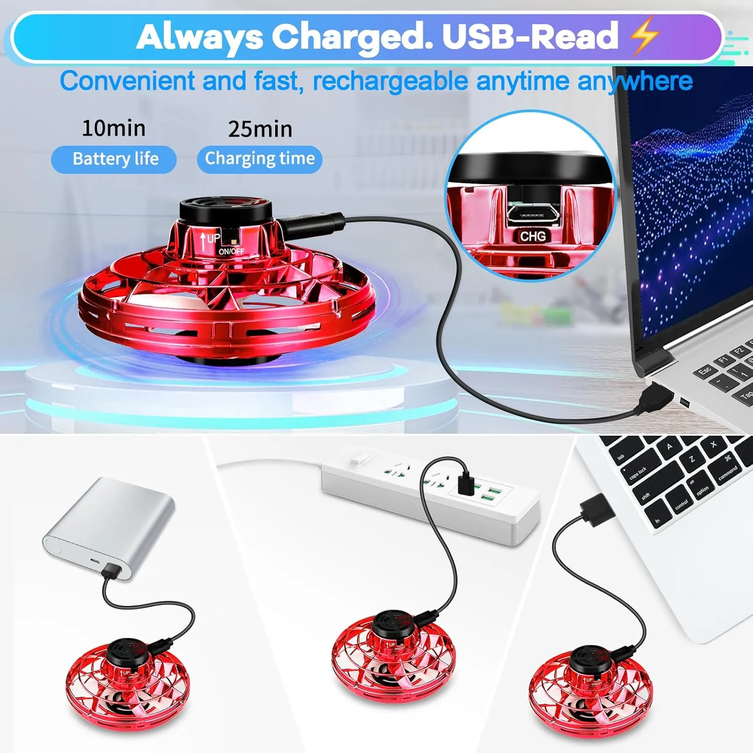 Flying Spinner Mini Drone,Hand Controlled Drone Flying Toy New Fly UFO Magic Flying Fidget Spinner with Lights,Christmas Birthday Party Gifts for Girls Boys(Red)