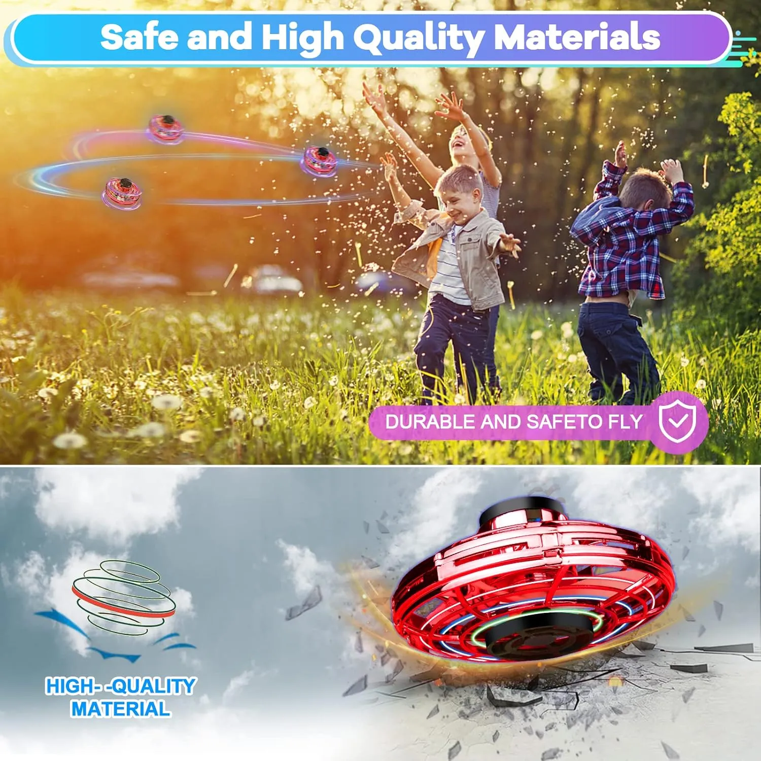 Flying Spinner Mini Drone,Hand Controlled Drone Flying Toy New Fly UFO Magic Flying Fidget Spinner with Lights,Christmas Birthday Party Gifts for Girls Boys(Red)