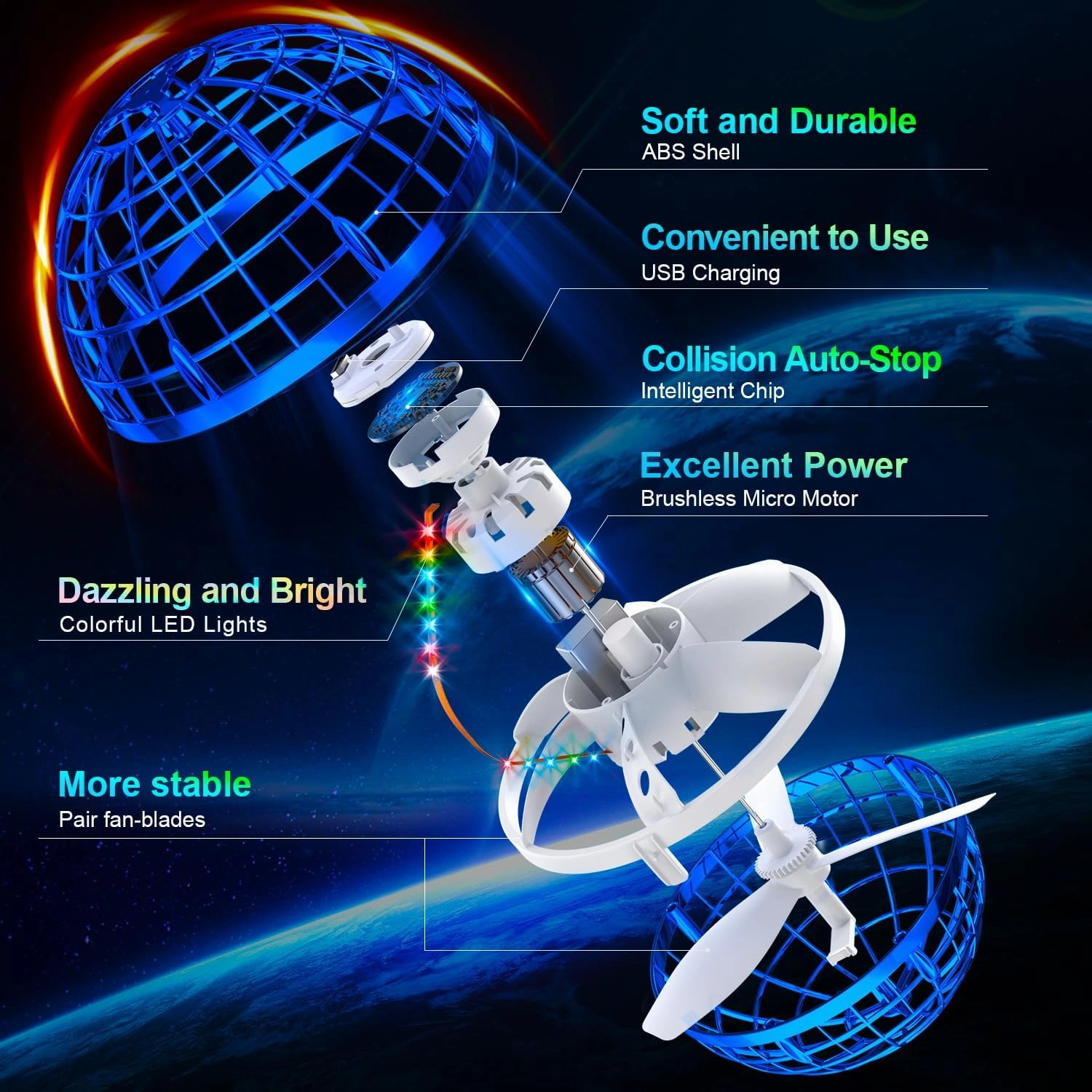 Flying Orb Ball (Blue, 2024 Upgraded) with Dazzling Lights, Magic Hover Spinner, Cool Boomerang Drone, Floating Cosmic Globe, Kids Outdoor Toys, for 6 7 8 9 10 Year Old Boys Girls