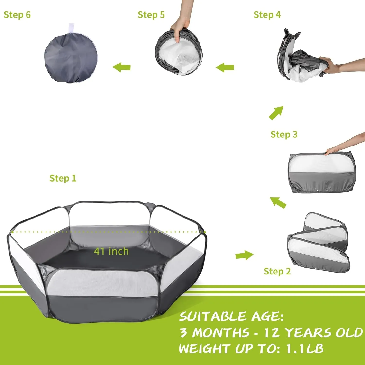 Foldable Ball Pit for Toddlers, Large Pop Up Ball Pits Kids Play Tent Crawl Playpen Ball Pool Playhouse Playpen with Storage Bag, for Boys Girls Dogs Cats Ferrets Indoor Outdoor, Dark Gray