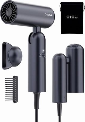 Foldable Hair Dryer for Travel - Global Voltage with Auto-Sensing, 1B Plasma Particles, 200times/s Temp Control, Portable Blow Dryer with Single-Sided Comb, Space Gray