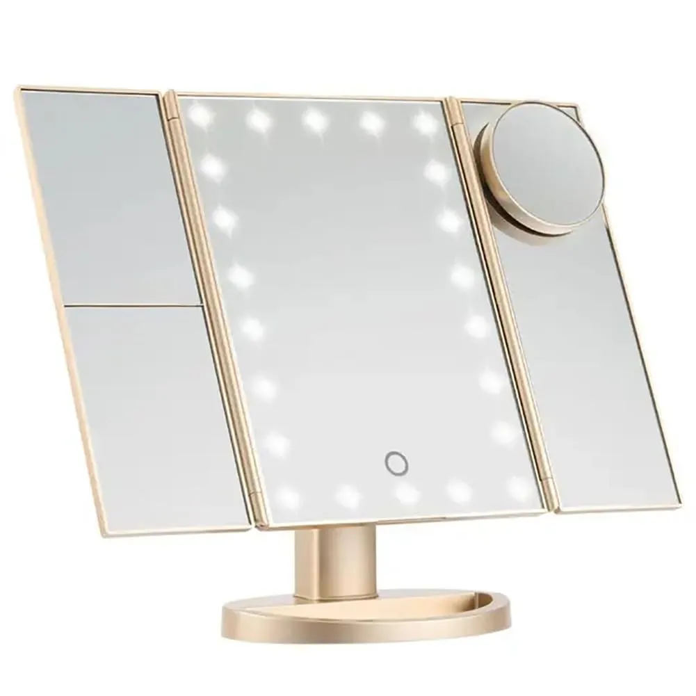 Folding Lighted Makeup Mirror, Portable Cosmetic HD Mirror, 1/2/3/10X Magnifying, Travel Foldable Touch Screen Light Up Mirror, Portable Lighted Travel Mirror, Double Power Supply Mode,Gold