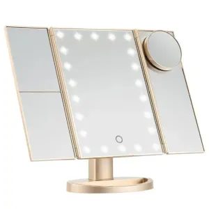 Folding Lighted Makeup Mirror, Portable Cosmetic HD Mirror, 1/2/3/10X Magnifying, Travel Foldable Touch Screen Light Up Mirror, Portable Lighted Travel Mirror, Double Power Supply Mode,Gold