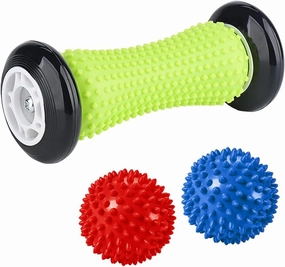 Foot Massage Roller and Spiky Ball Therapy Set,Manual Foot Massager for Plantar Fasciitis,Heel & Foot Arch Pain,Trigger Point Therapy, Muscle Recovery (Yellow)