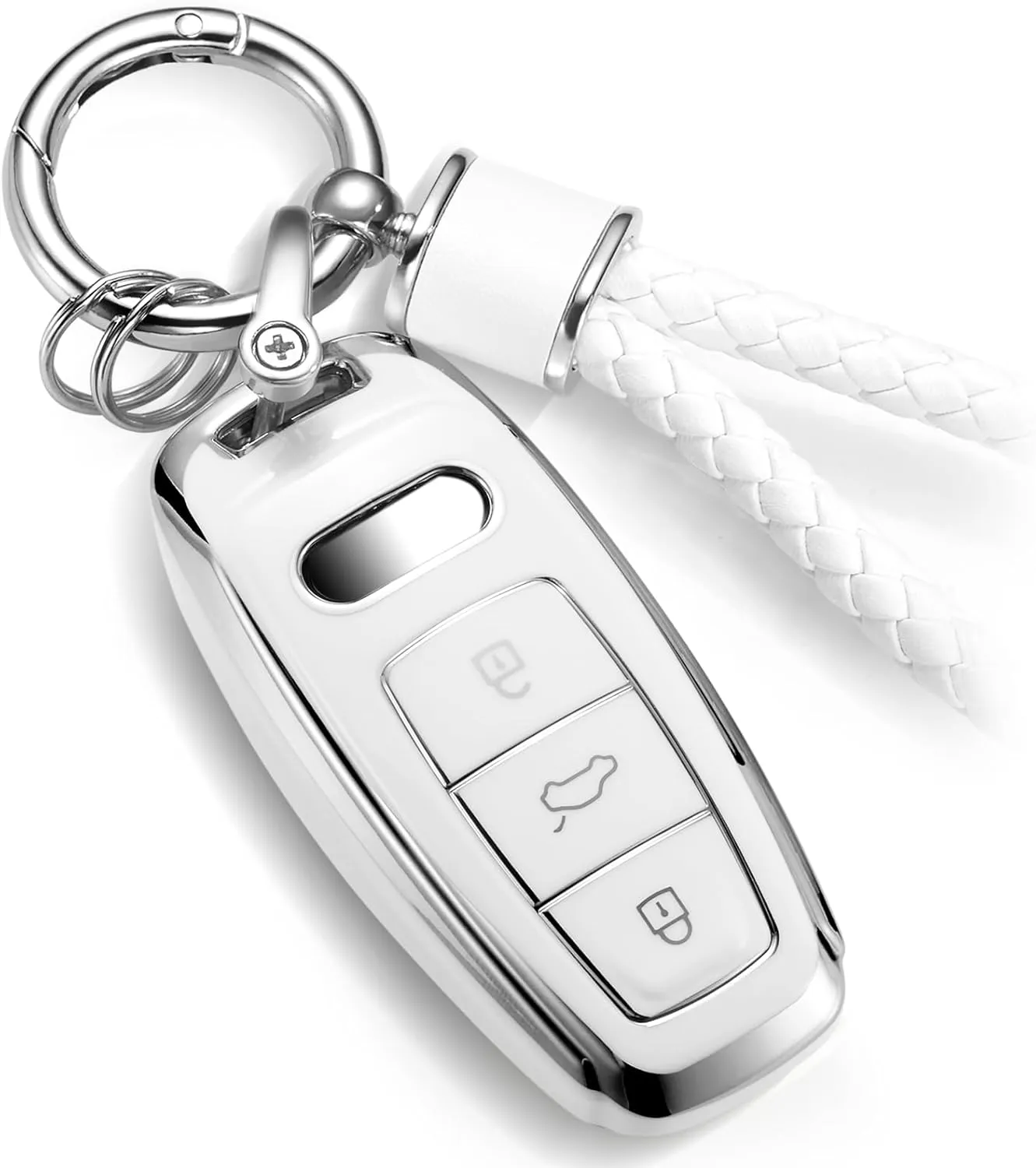 for Audi Key Fob Cover with Metal Braided Rope Keychain Accessories, Upgraded Soft Key Case for A3 A6-A8 E-Tron S3 RS6-7 SQ7-8 Key Fob Shell (Silver Edge, D)
