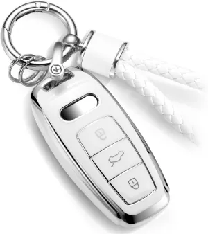 for Audi Key Fob Cover with Metal Braided Rope Keychain Accessories, Upgraded Soft Key Case for A3 A6-A8 E-Tron S3 RS6-7 SQ7-8 Key Fob Shell (Silver Edge, D)