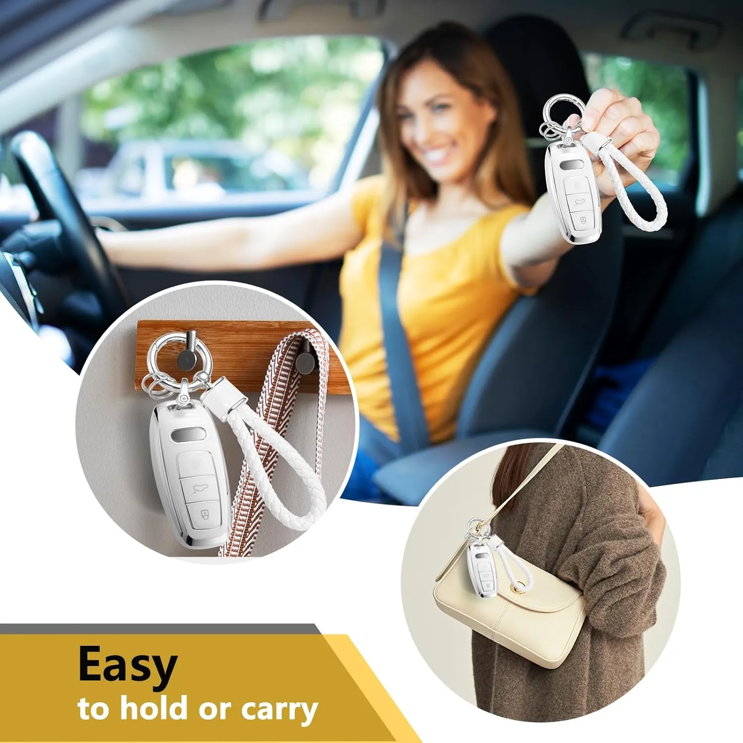 for Audi Key Fob Cover with Metal Braided Rope Keychain Accessories, Upgraded Soft Key Case for A3 A6-A8 E-Tron S3 RS6-7 SQ7-8 Key Fob Shell (Silver Edge, D)