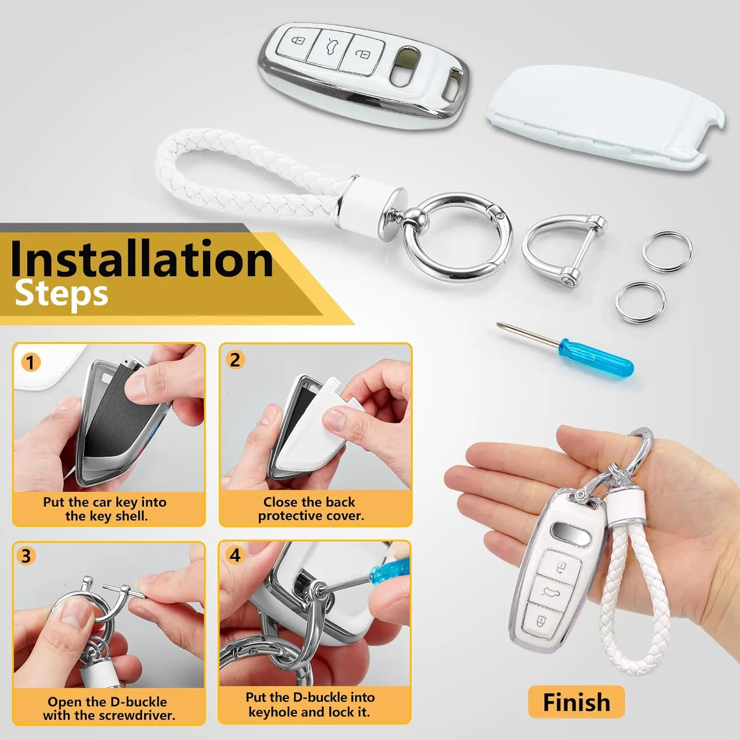 for Audi Key Fob Cover with Metal Braided Rope Keychain Accessories, Upgraded Soft Key Case for A3 A6-A8 E-Tron S3 RS6-7 SQ7-8 Key Fob Shell (Silver Edge, D)