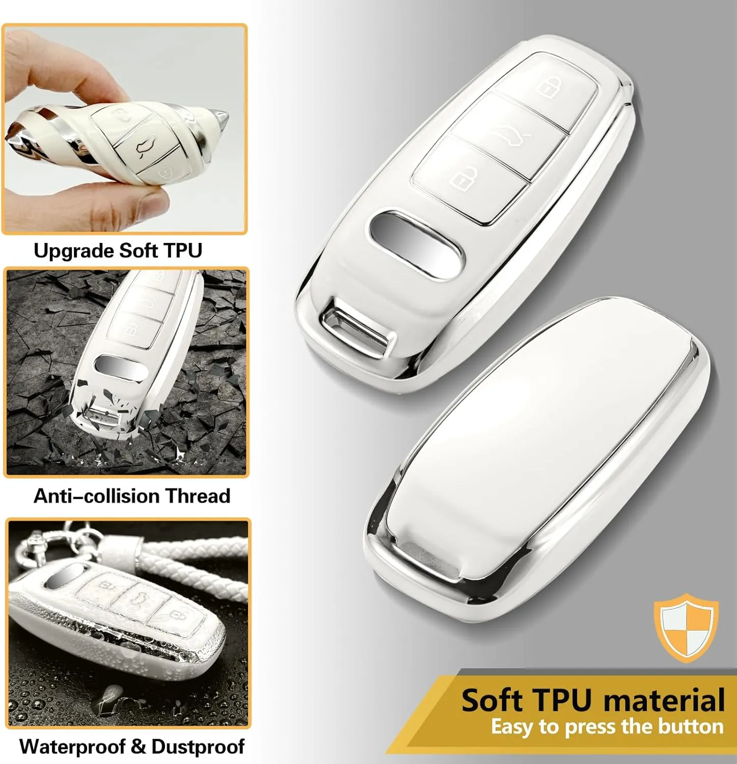 for Audi Key Fob Cover with Metal Braided Rope Keychain Accessories, Upgraded Soft Key Case for A3 A6-A8 E-Tron S3 RS6-7 SQ7-8 Key Fob Shell (Silver Edge, D)