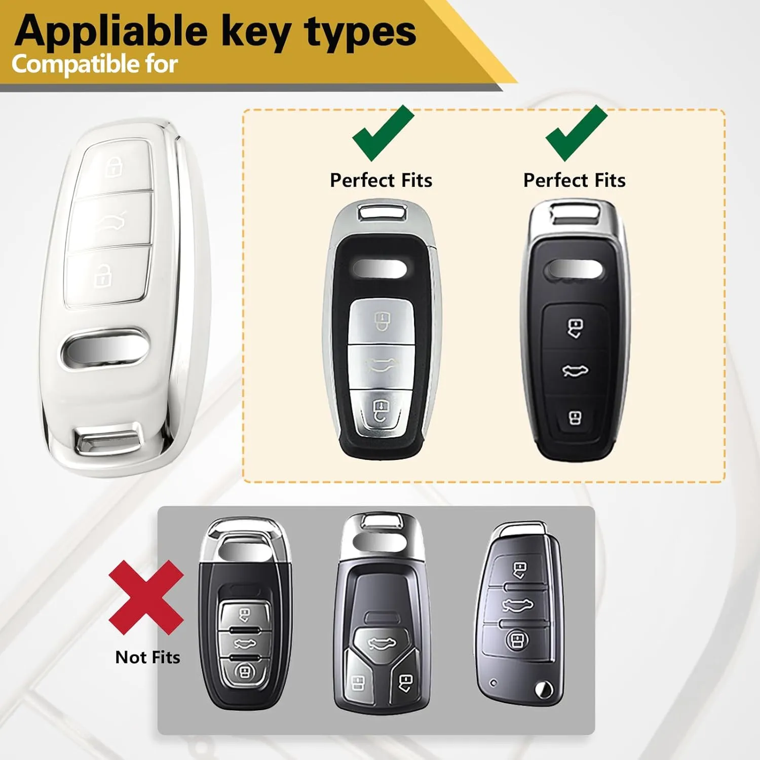 for Audi Key Fob Cover with Metal Braided Rope Keychain Accessories, Upgraded Soft Key Case for A3 A6-A8 E-Tron S3 RS6-7 SQ7-8 Key Fob Shell (Silver Edge, D)