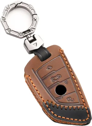 for BMW Smart Key Case Cover, Handmade Leather Keychain Cover, With Metal Keychain for BMW 2 3 4 5 6 7 Series 530 X1 X2 X3 X5 X6 M5 GT3 GT5 Smart Key (Brown)