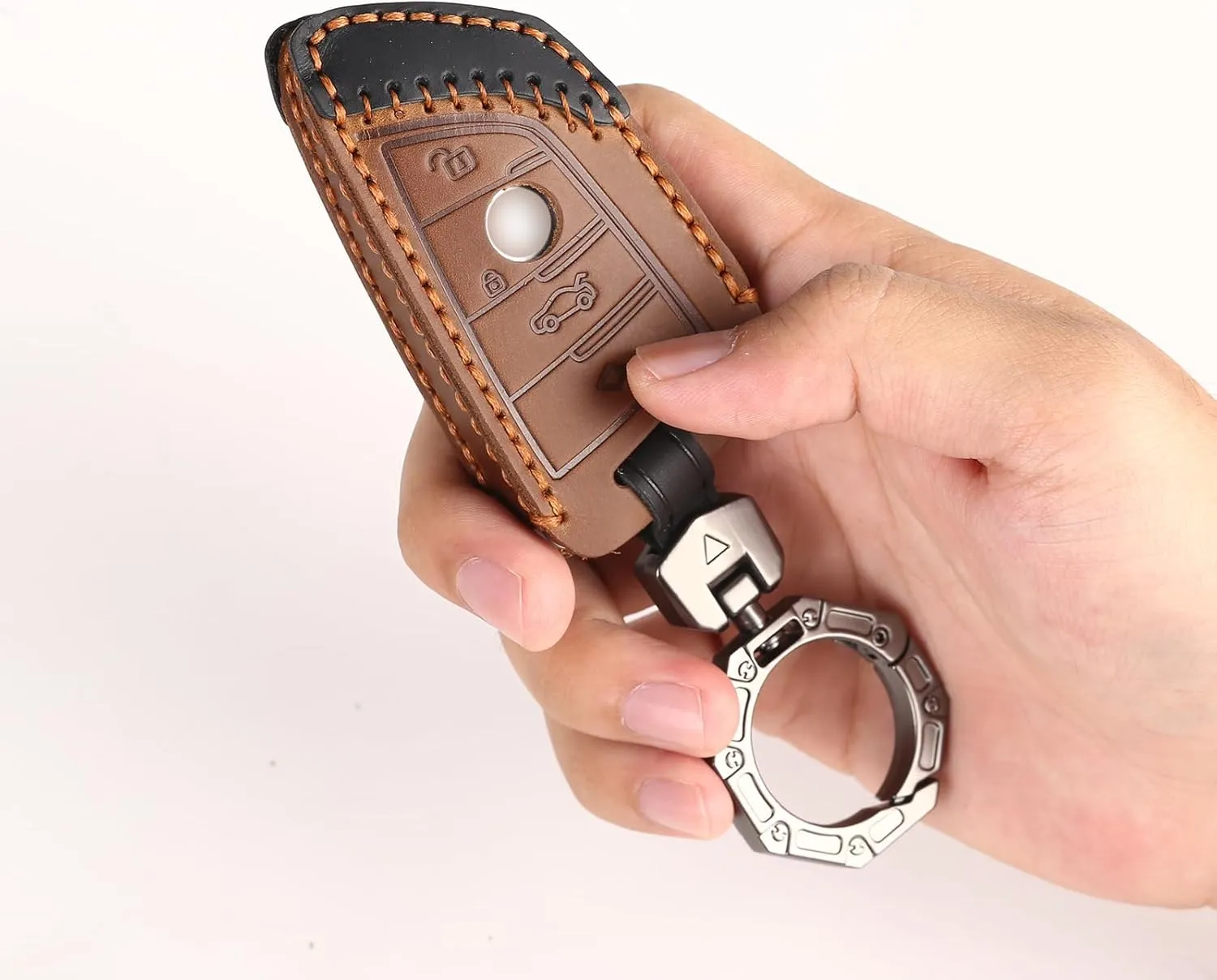 for BMW Smart Key Case Cover, Handmade Leather Keychain Cover, With Metal Keychain for BMW 2 3 4 5 6 7 Series 530 X1 X2 X3 X5 X6 M5 GT3 GT5 Smart Key (Brown)