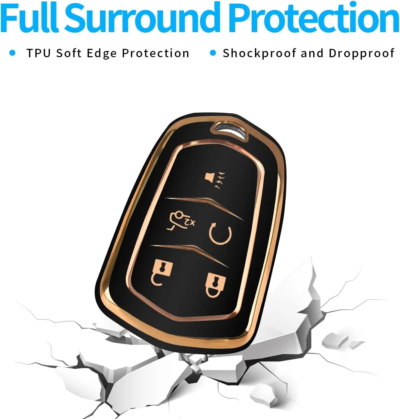 For Cadillac Key Fob Cover with Keychain TPU Protector Suitable for Cadillac Escalade CTS SRX XT5 ATS STS CT6 Key Shell Case Holder (Black)