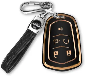 For Cadillac Key Fob Cover with Keychain TPU Protector Suitable for Cadillac Escalade CTS SRX XT5 ATS STS CT6 Key Shell Case Holder (Black)