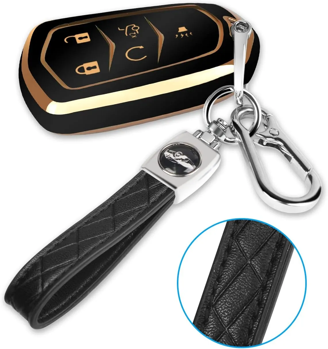 For Cadillac Key Fob Cover with Keychain TPU Protector Suitable for Cadillac Escalade CTS SRX XT5 ATS STS CT6 Key Shell Case Holder (Black)