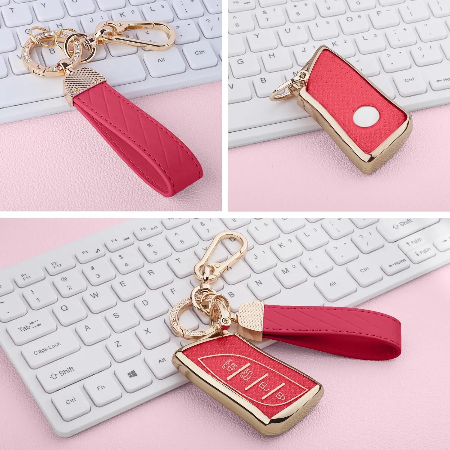 for Lexus key fob cover, Soft TPU Keys Protector Bling Key Fob Keychain for 2018-2024 UX200 LS500 LS500H LC500 LC500h ES300h ES350 Smart Key, Gold Red