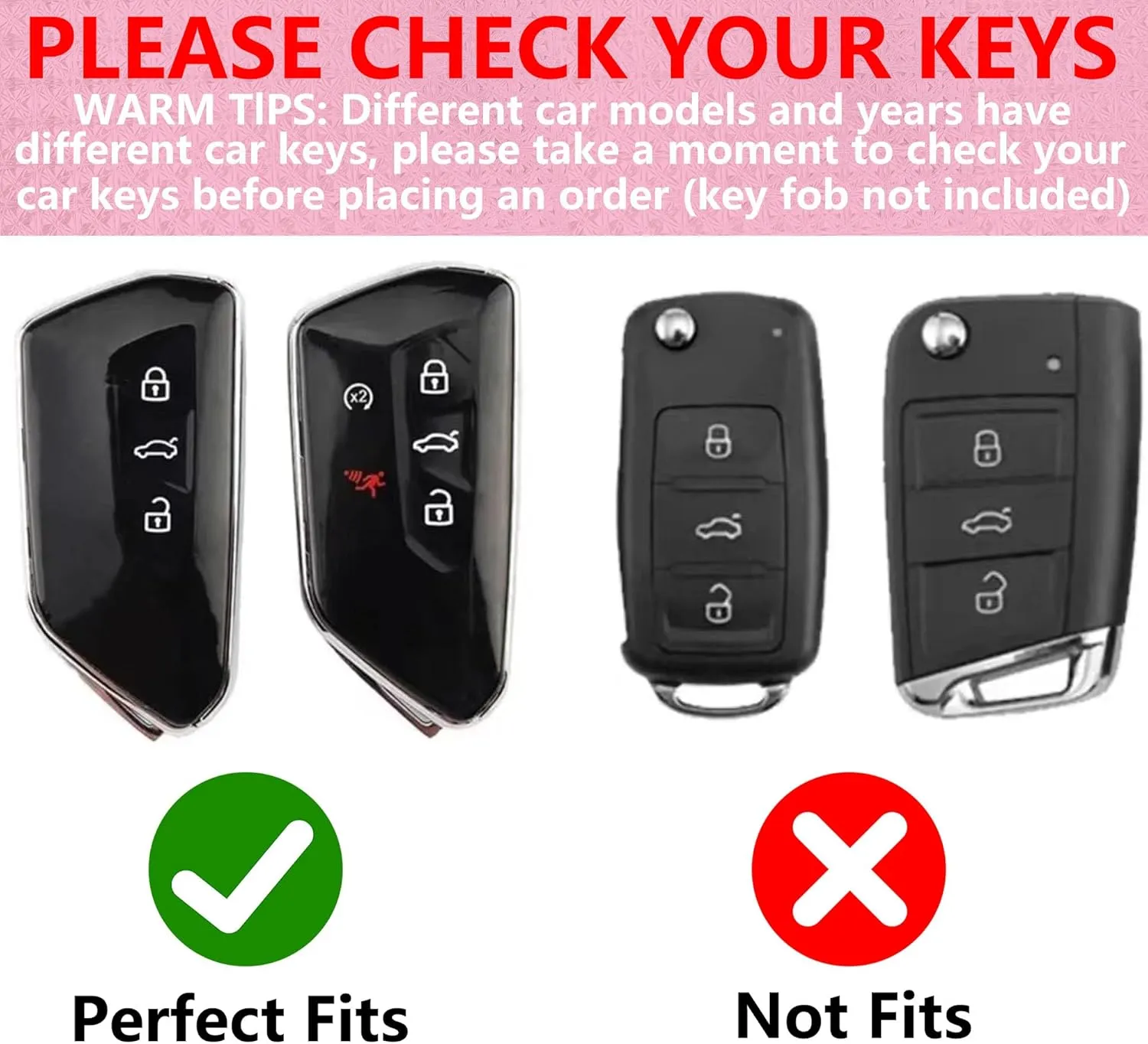 for VW Key Fob Cover with Heart Keychain, Car Key Shell for Women, Compatible with Volkswagen ID4 ID3 MK8 Golf GTI Skoda Octavia Smart Remote Key Protector (3/4/5 Buttons-Pink)