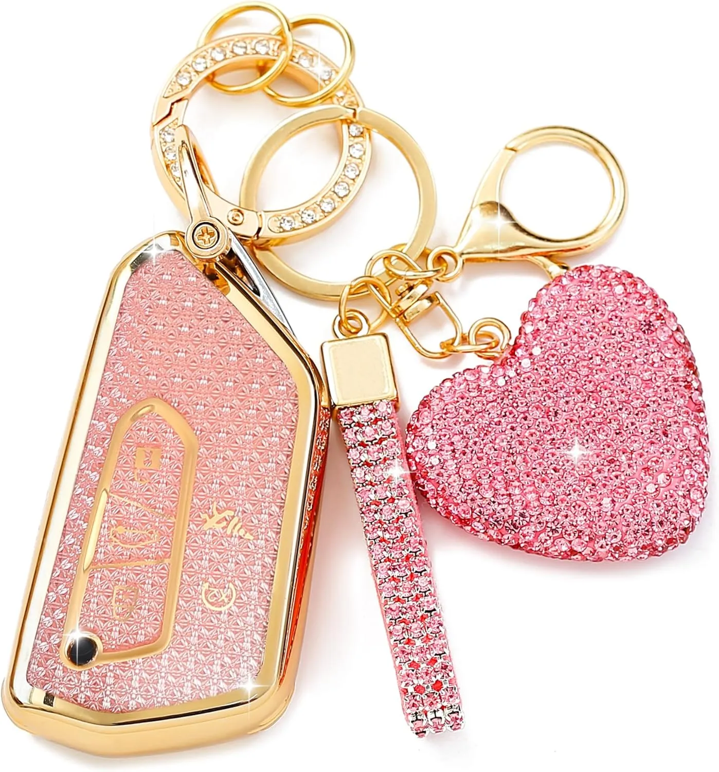 for VW Key Fob Cover with Heart Keychain, Car Key Shell for Women, Compatible with Volkswagen ID4 ID3 MK8 Golf GTI Skoda Octavia Smart Remote Key Protector (3/4/5 Buttons-Pink)
