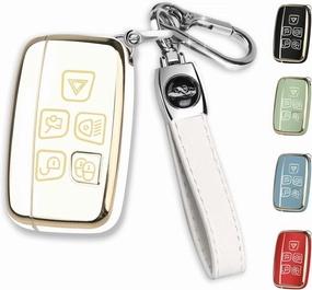 for Land Rover Key Fob Cover with Keychain, Car Key Case Shell Protector 5 Buttons for | Range Rover Evoque Sport Velar | Land Rover Discovery LR4 a9 | Jaguar F-Pace F-Type XE XF XJ |, White
