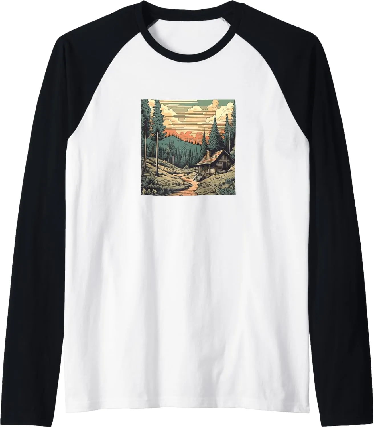 Forest With Rustic Cabin Vintage Landscape Graphic Raglan Baseball Tee