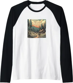 Forest With Rustic Cabin Vintage Landscape Graphic Raglan Baseball Tee