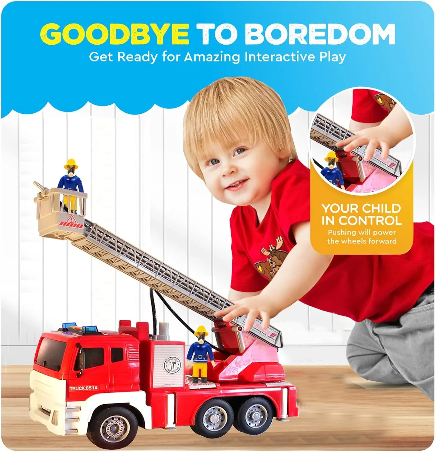 FUNERICA Fire Truck with Water Hose Pump, Lights and Sounds, Interactive Rotator for Extending Ladder, 5 Figures - Powered Firetruck Engine