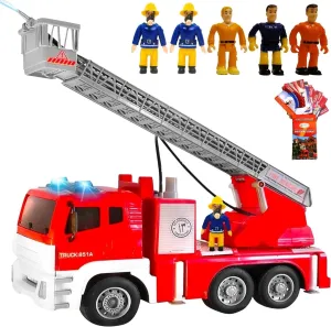 FUNERICA Fire Truck with Water Hose Pump, Lights and Sounds, Interactive Rotator for Extending Ladder, 5 Figures - Powered Firetruck Engine