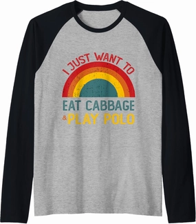 Funny I just want to eat cabbage and Play Polo Christmas Raglan Baseball Tee