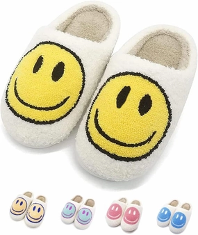 FUUPNN Smile Face Slippers for Girls & Boys, Retro Cute Soft Plush Indoor/Outdoor Shoes, Fuzzy House Lightweight Slippers with Memory Foam Warmth, Non-Slip, White, Unisex-Kids, Children
